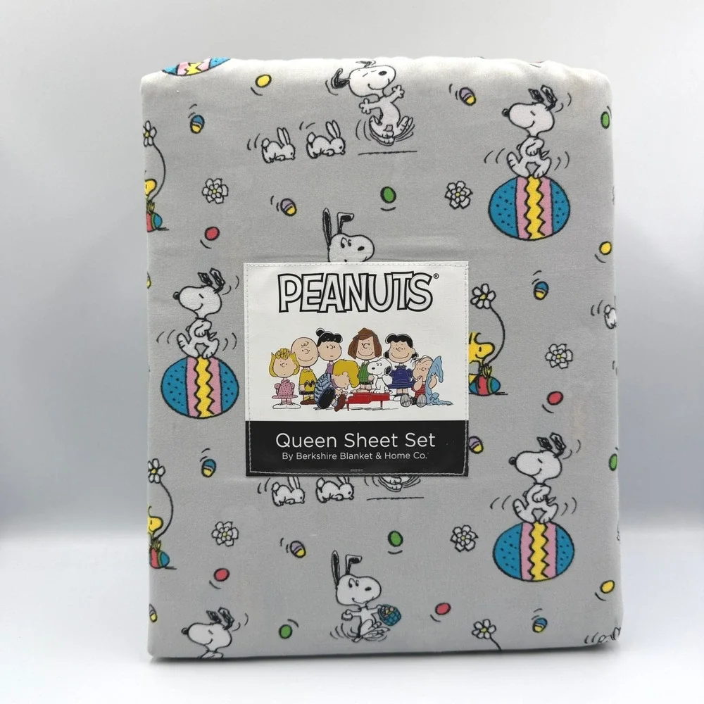 Peanuts Sheet Set Queen Size Grey New Easter Snoopy Woodstock Berkshire Blanket